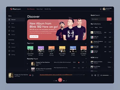 ProStream - Music Streaming band branding dark dark dashboard dark mode dark theme dark ui dashboard dashboard design guitar listen listening music music music streaming play podcast streaming streaming app ui ux