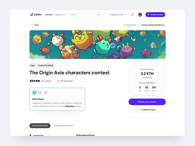 NFT Contest Marketplace axie infinity blockchain clean contest contest detail cover description fullscreen item detail jak marketplace minimal nfts view image web design