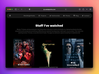 Sankalpsinha.com > Movies page date design landing page movie page movies personal website portfolio page portfolio site portfolio website product design tv shows ui watched