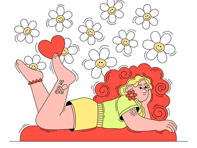 chamomile love adobe illustrator chamomile love curly flat design flat illustration girl illustration pose red smile tattoo vector art vector illustration vectornator