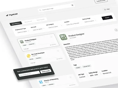 Job Board Exploration - HyreList directory hiring job board jobs listings minimalism minimalist startups ui
