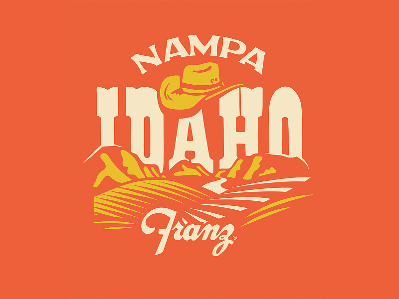 Nampa, Idaho cowboy hat design fields hills idaho illustration landscape lockup logo minimal color mountains nampa outdoors red river scene typography usa valley vintage