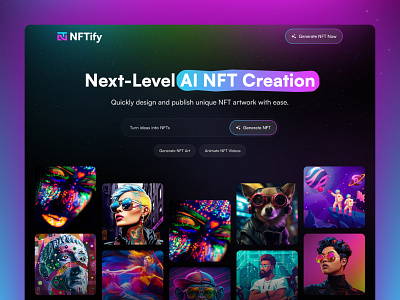 AI NFT Generator Landing Page ainft blockchain branding cro crypto design digitalmarketing ecommerce figma framer framertemplates grooic landing page nft nftmarketplace ui uidesign uxdesign web3 webdesign