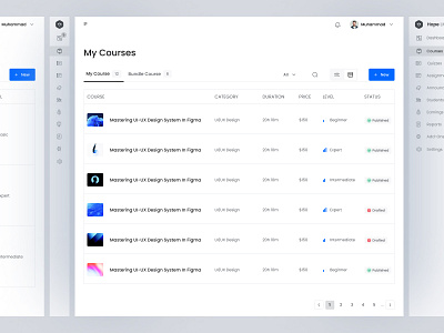 My Courses - Table View clean filter learning management app list view lms admin my courses online education search sidebar table view tutor admin app ui ux website