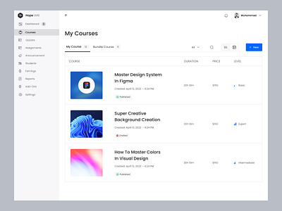 My Courses - Admin big layout big table view clean lms admin my courses online education table view tutor tutoring ui ux website