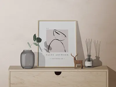 Frame Mockup On The Table With Glass Vase And Aroma Sticks graphicdesign