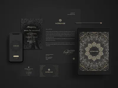 Acreage Coin / Brand identity altcoin art direction black blockchain branding corporate identity cryptocurrency gold graphic design graphiste freelance logo mockup pattern real estate