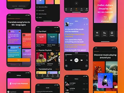 Song Finder: Song Lyrics Translations | App Design animation app clean design dribbble identify languages liyrics card lyric minimal mobile mobile app share social media song song app songfinder translation ui uı