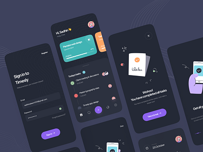 Timesly | Task management app app design cards daily task app dark ui minimal mobile productivity app project management app schedule app splash screens task app task management app task manager team management app time app time line to do app ui design ui ux wellness app