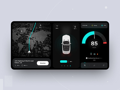 Car UI Dashboard Design car car dashboard clean dark dashboard design electric car hmi ill illustration kilometers minimal navigation piqodesign tesla ui uiamjad uiux userinterface visualization