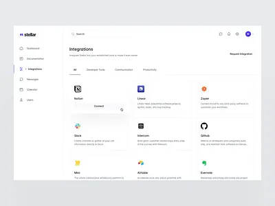 Stellar: Integrations clean dashboard design design system desktop figma integrations modal modern pixel perfect saas settings settings page stellar ui ux web