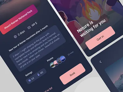 Tour - Camping app book camp camping dark dark mode gradient mountain nature pink reserve tour ui ux