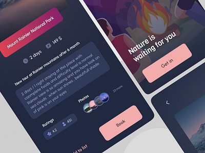 Tour - Camping app book camp camping dark dark mode gradient mountain nature pink reserve tour ui ux