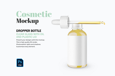 Glass Dropper Bottle With Plastic Lid - PSD Mockup 3d beauty bottle cosmetic customizable drop dropper editable label mockup oil package plastic product psd serum skin care template