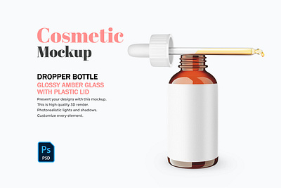 Amber Glass Dropper Bottle With Gold Lid - PSD Mockup 3d amber beauty bottle cosmetic customizable drop dropper editable mockup oil package psd serum skin care template