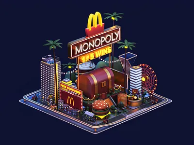 McDonald's - Monopoly Nightime Edition 3d 3dmodel art branding c4d cinema4d design food game graphic design illustration ligth logo material model3d render texture