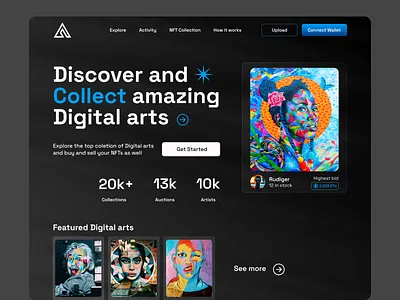 NFT Marketplace Website art bitcoin blockchain cryptoart cryptocurrency dark design ethereum illustration interface landing page marketplace nft nft marketplace nft marketplace website nfts ui ui design web design website