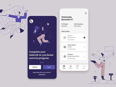 Limber: Onboarding & Daily Overview branding checklist design exercise fitness app illustration login signup therapy ui ux design workout