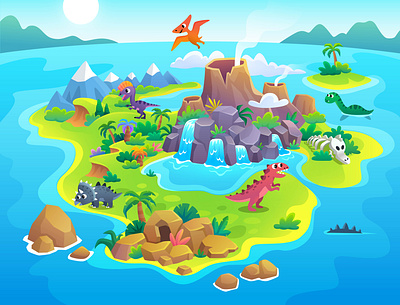 Dinosaur island cartoon dinosaur game game map game ui illustration island jurassic map mountain prehistoric uninhabited wild