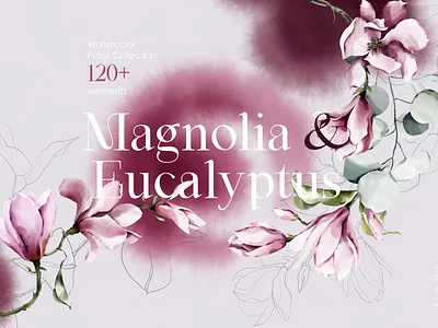 Magnolia & Eucalyptus. Watercolor collection botanical illustration botanical line art botanicals prints eucalyptus fabric pattern floral bouquet floral illustration fresh flowers hand drawn floral magnolia flower magnolia watercolor meadow florals modern floral nature colors pastel flowers pink flowers pink magnolia spring illustration spring wedding watercolor botanical