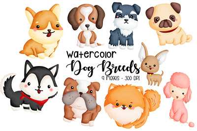 Watercolor Dog Breed Clipart pugs clipart