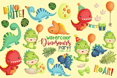 Watercolor Jurassic Birthdy Animal Clipart leaf clip art