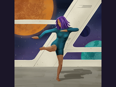 Contemporary dance on the spaceship. Stars and planets behind alien beauty character concept contemporary dance dancer different girl illustration modern motion night planet space spaceship star strange window woman