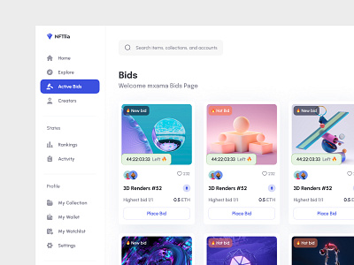 NFT Bids Dashboard bids card crypto cyrptocurrency dashboard dashboard ui nft nft bids ui uiux web design