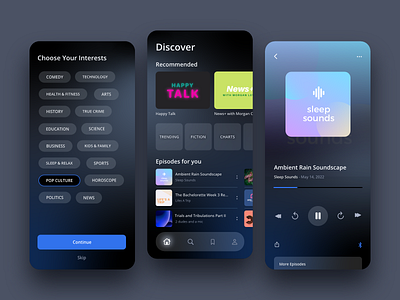 Podcast App Concept app audio dailyui dailyuichallenge dark mode dark theme design media player mobile podcast podcasting streaming ui ux