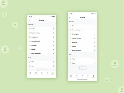 Mobile Market App - Profile Page buttom navigation buttom sheet checkbox dropdown icon jeffromi log out button market app mobil app mobil design navigation bar online shopping product design profile shopping icons switch button toggle ui design ux design