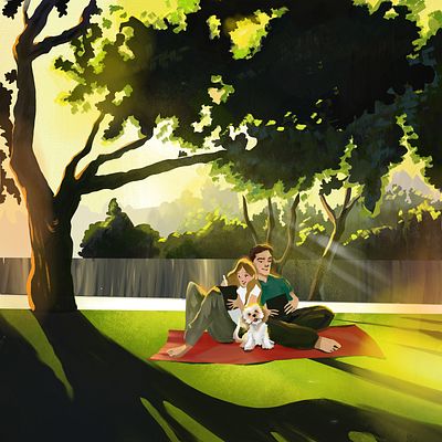 Sunny picnic day🌞🍃🌳 2d adobe bookillustation couple design dog flat fresco graphic graphic design happiness illustration illustrator love paintig park photoshop picnic spring sunnyday