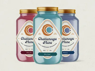 Chattanooga Shine - Bottles alcohol badge branding c chattanooga feather flavors logo mockup moonshine packaging tennessee