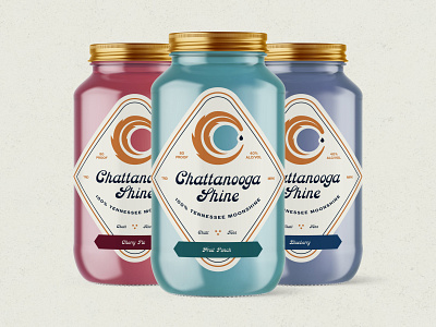 Chattanooga Shine - Bottles alcohol badge branding c chattanooga feather flavors logo mockup moonshine packaging tennessee