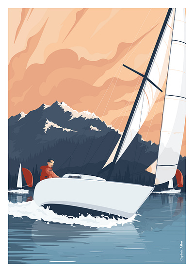 Lemonade Lake boat clouds flat graphic illustration lake montana mountain sail sailing sailor sea skipper vector