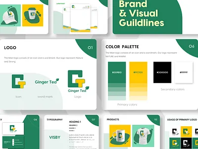 GINGER TEA - BRAND GUIDELINES brand brand book brand guide brand guidelines branding dribble ginger tea green letter head logo mar market products publish secondary logo services tea ui visting card