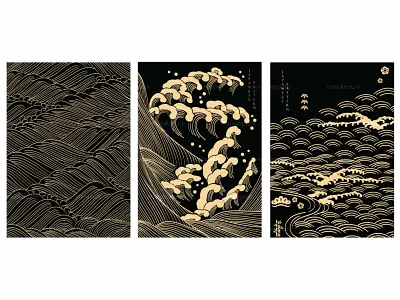 Japanese background with Gold texture in hand drawn wave sea abstract background banner black and gold culture design hand drawn line hand drawn wave illustration japanese logo ocean sea pattern traditional ui vector vintage