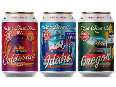 3 of 4 West Coast Tour IPA Series beer can beer label branding california graphic design idaho illustration kayaking lettering logo oregon packaging skiing surfing west coast