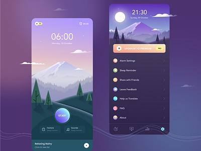 Sleep Monitoring App app dark dashboard illustrations meditaition monitor mountain sleep sleep monitoring time ui