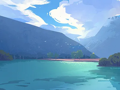 Nature cloud illustration lake mountain nature sky 光 插画 风景