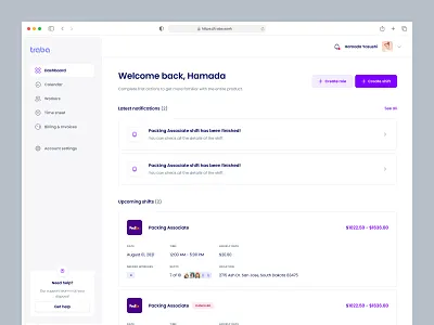 Traba - Dashboard app dashboard design employee employer minimal notification product saas shift ui ux web web app worker