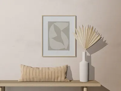 Frame Mockup On The Wall With Dry Palm And Pillow graphicdesign