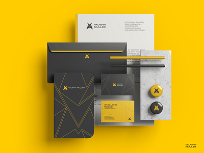 Vaughn Muller Stationery black branding business card design envelope figma fitness flat graphic design icon illustrator letterhead logo logomark minimal photoshop stationery trainer vector yellow