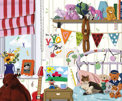 The Parent Trap - Elle Decoration bedroom commissioned illustration digital art digital illustration editorial illustration illustration kids teddies toys