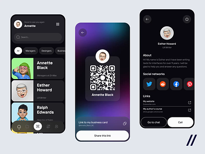 Business Card Storage App android animated animation app business cards contacts dark theme design ios mobile mobile app mobile interface mobile ui motion motion design motion graphics qr code ui uiux ux