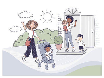 Banner illustration for the website. Children, parents nannies banner black and white child childcare children diversity drawing fashion gender illustration inclusion kids line drawing lineart minimal mom mother nanny parents vector