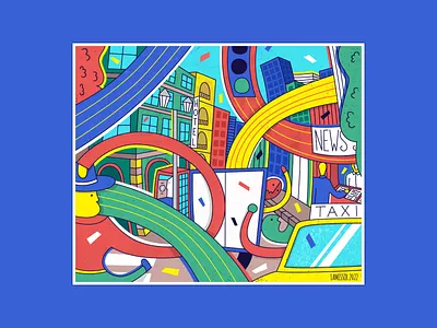 Downtown Morning art buildings city downtown illustration news newsstand phone phone booth taxi traffic traffic light urban vector