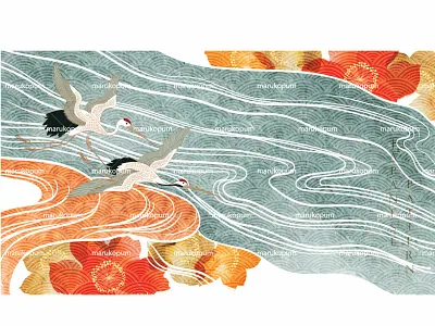 Crane birds vector with Oriental natural wave pattern abstract asia background banner chinese crane birds design floral flower pattern hand drawn illustration japanese line logo ocean sea pattern ui vector watercolor texture wave pattern