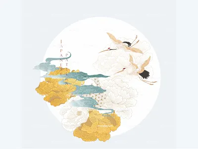 Crane birds with Peony flower, hand drawn wave chinese cloud abstract background banner circle crane birds design floral pattern geometric illustration japanese logo pattern peony flower ui vector