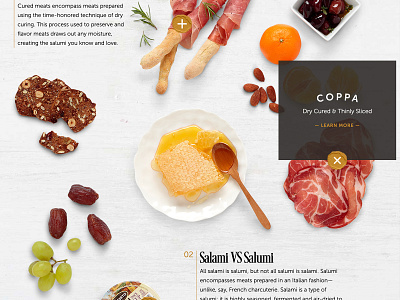 Salumi Explained agriculture charcuterie food fresh grapes honey meat produce salami snack ui web design