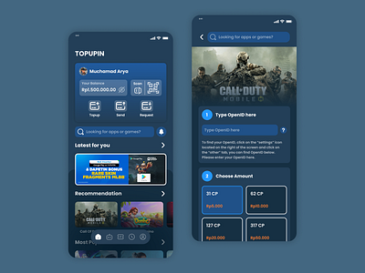 TOPUPIN, Payment Voucher Game Mobile App app branding darkmode design game payment mbanking mobile app payment topup ui ui design uiux ux ux design voucher game